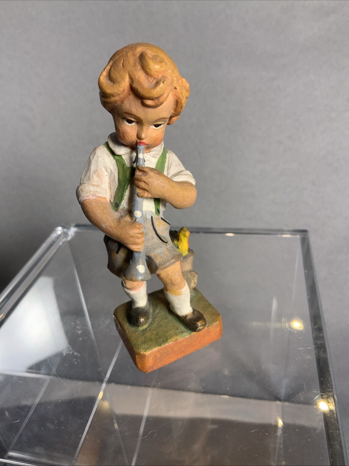 Dolfi Oberammergau Hand-Carved Wood Boy With Flute And Bird 3.5”