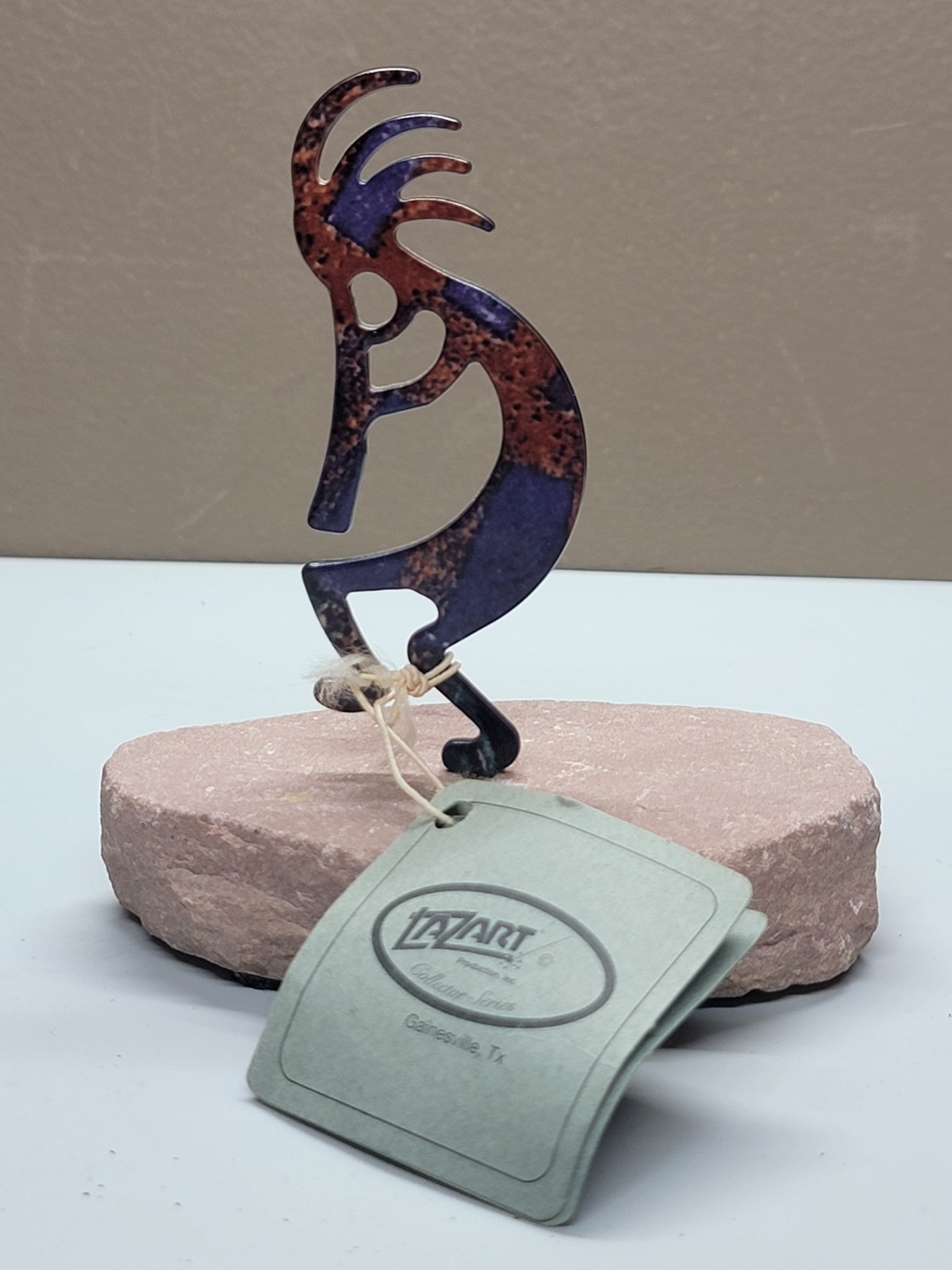 Vtg LazArt Kokopelli Enamel Stone Sculpture Art Southwestern 90s Blue Brown Tag