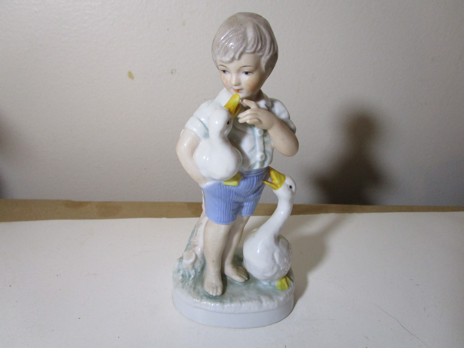 Candera # 6530-2 Porcelain Boy with Mama and Baby Geese Figurine Hand Painted