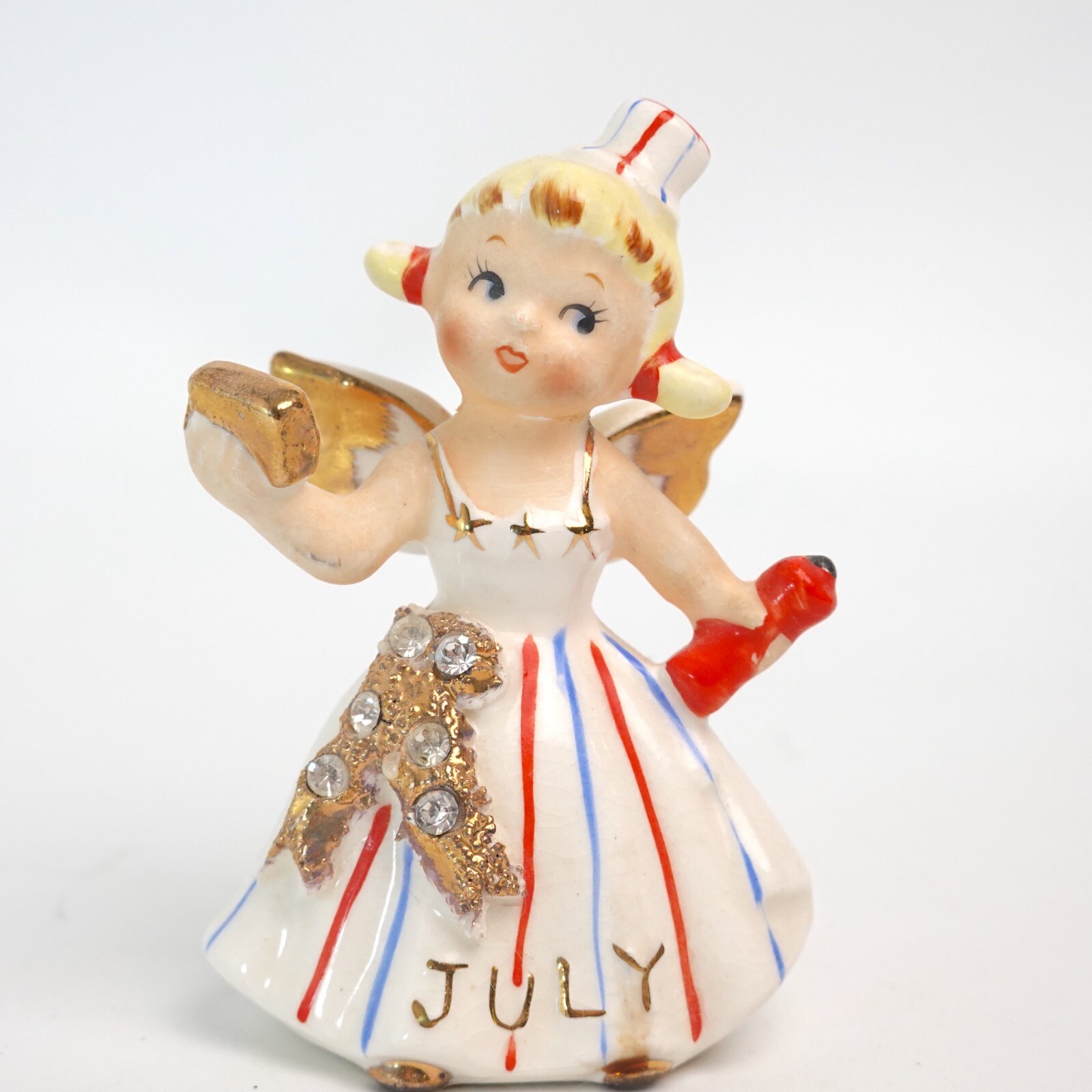 Lefton RARE SMALL SIZE 1957 July Angel with Red White Blue Firecracker READ 3.5″