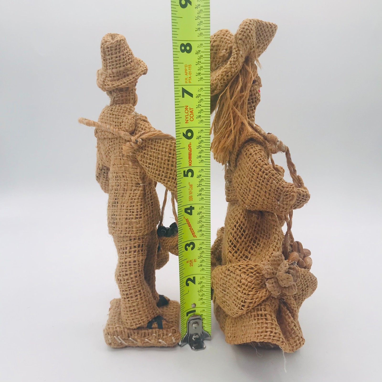 Vintage Burlap Peasant Man & Woman Carrying Produce Figurines Primitive Folk Art
