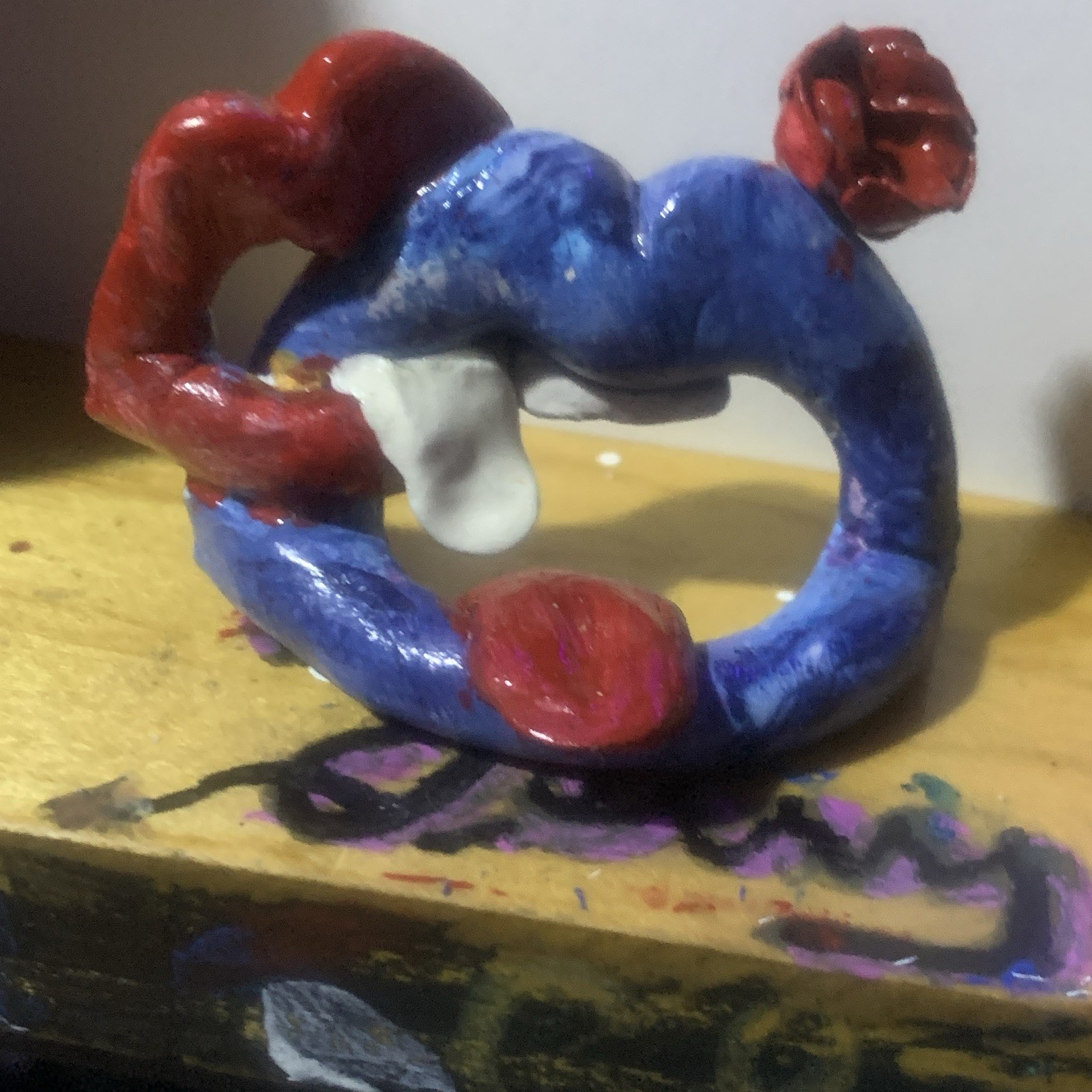 Hand Painted Abstract Clay Sculpture, Blue Red White Abstract Art Decor