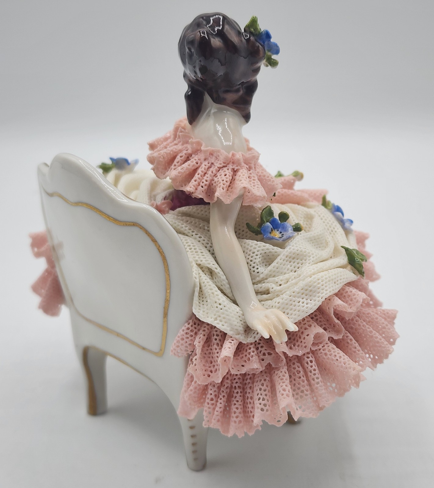 Antique German Volkstedt Dresden Lace Porcelain Figurine Lady On Sofa 5″× 5.5″