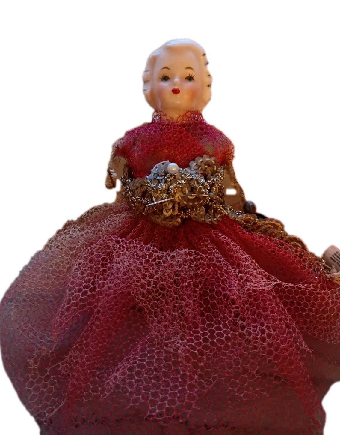 Girl Figurine Red Dress w/ Gold Accents, Porcelain/Fabric/Metal, Unboxed