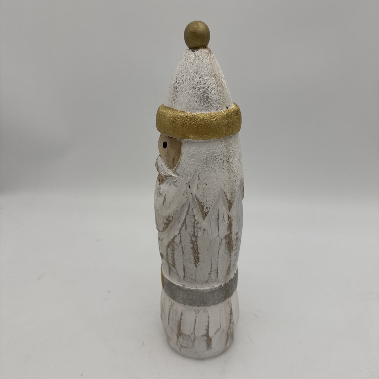 Santa Sitter Short Pine Wood Carved Gold White 12″ x 3″ Distressed