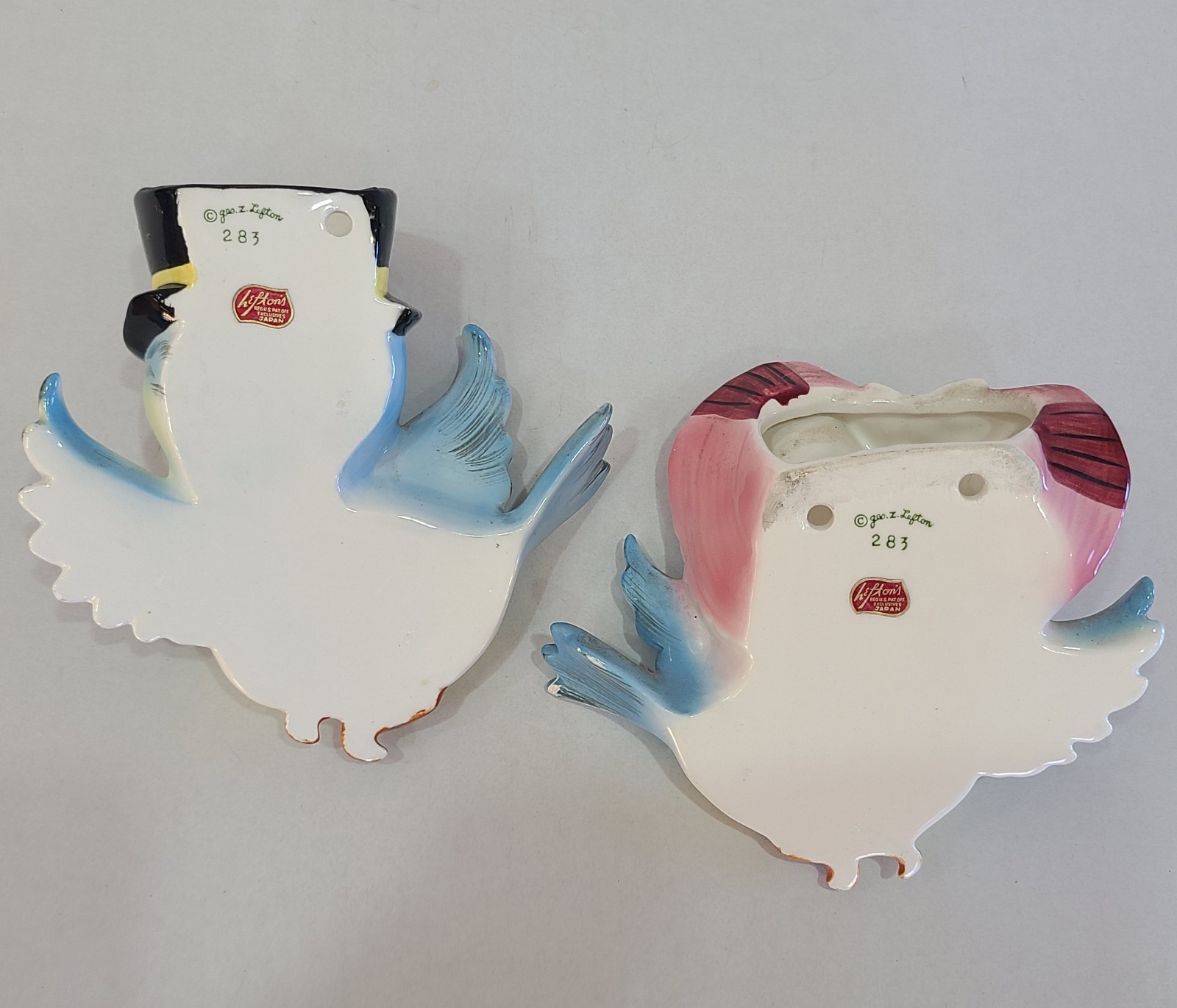 Pair Lefton Bluebird Wall Pockets #283 Mr. & Mrs. Bird Pink & Blue Top Hat -Read