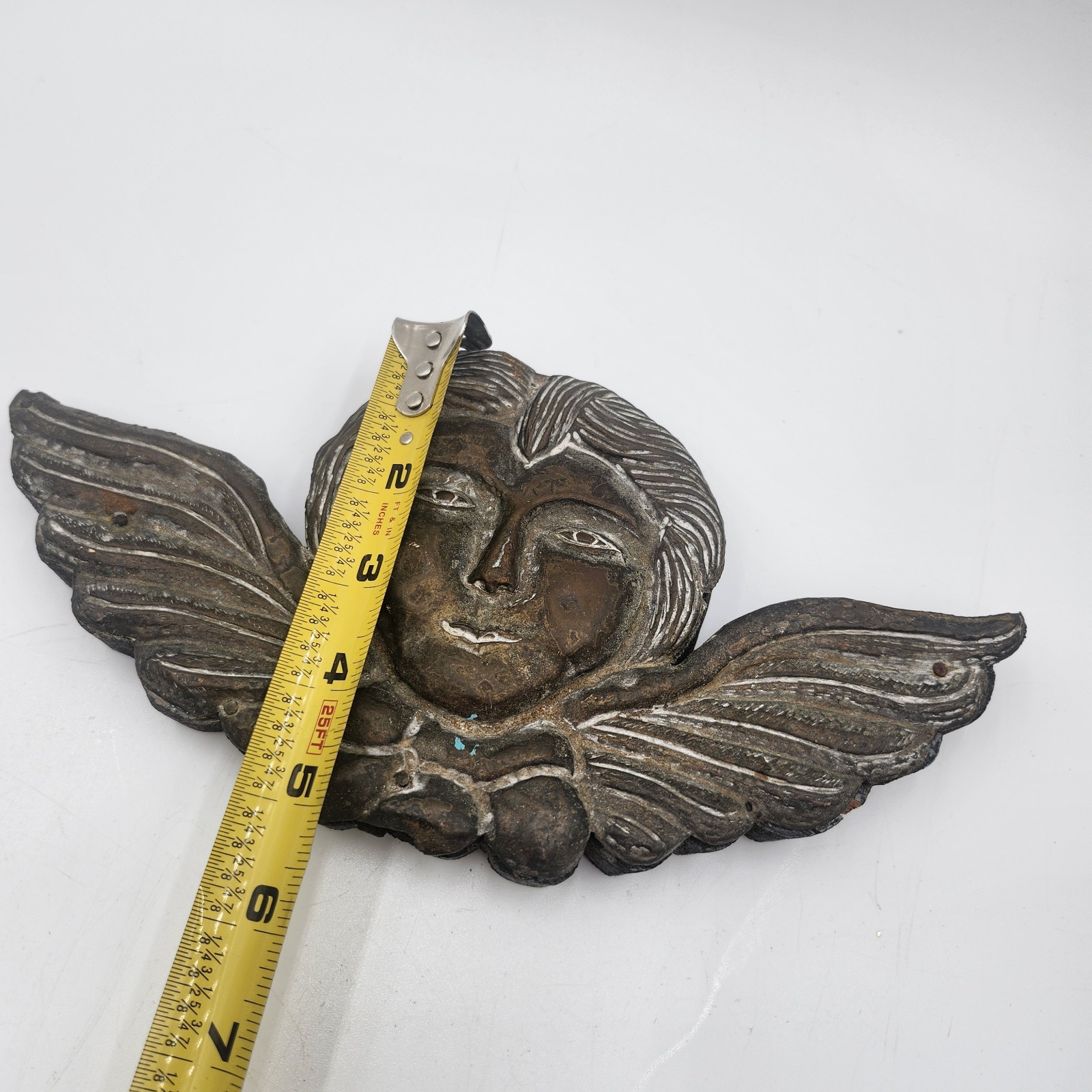 Antique Hammered Bronze Wood Cherub Putti Angel Hanging wall art 10″ Mexico