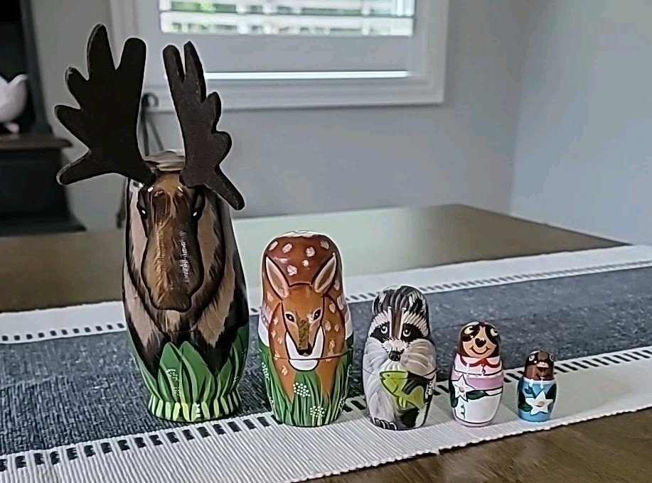 Woodland Creatures Nesting Doll Set Of 5 Moose Deer Raccoon Sloth Chipmunk