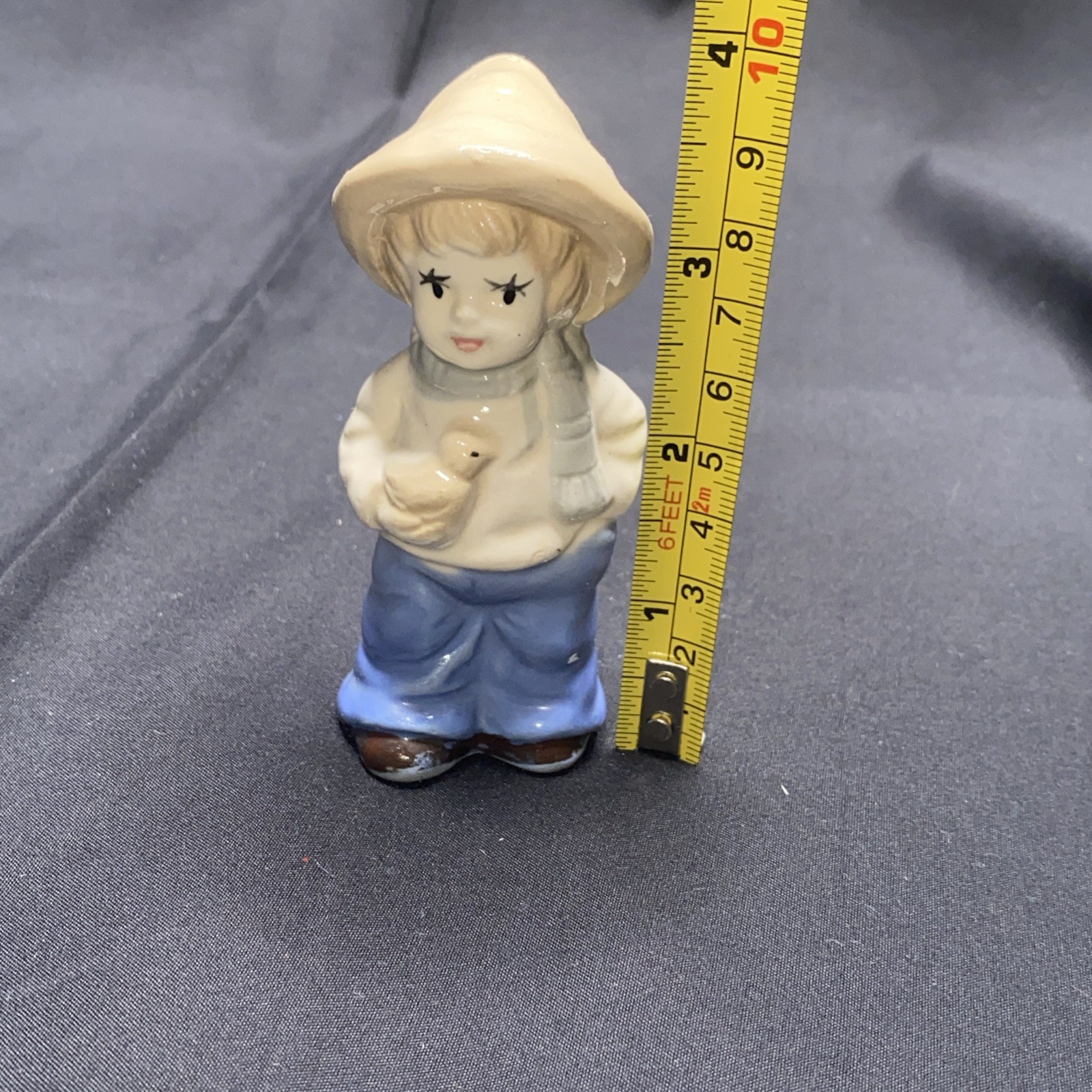 Vintage Figurine Porcelain Dutch Farm Boy Straw Hat Holding Bird Duck Chicken