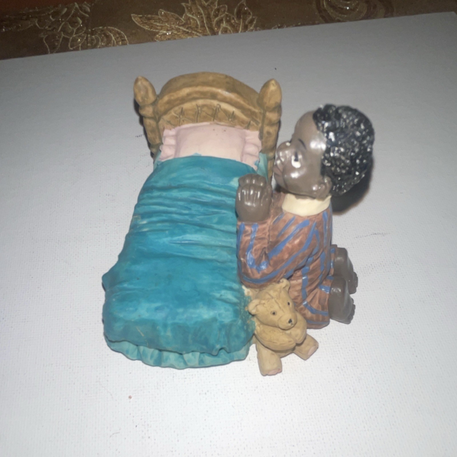 Young’s Resin Praying Child Figurine Blue Brown Pink Hand Painted Sculpture
