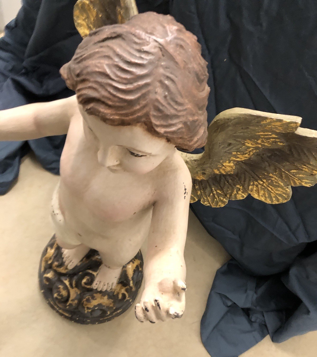 Large Vintage 28” Italian Cherub Putti Angel Composite Stands On Floral Base
