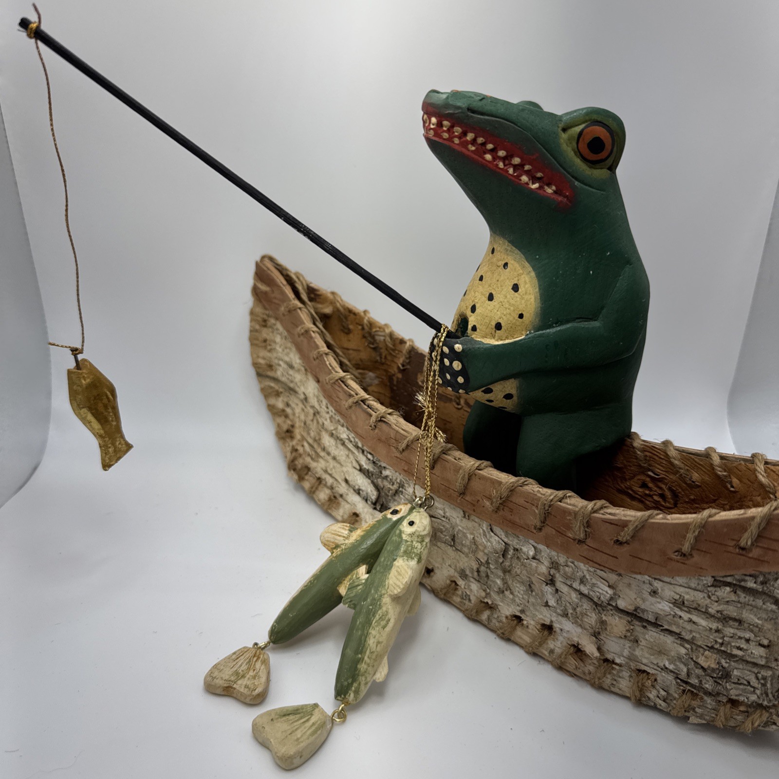 Indonesian Hand Carved Folk Art Alligator VTG Primitive Style Wood W Canoe, Fish