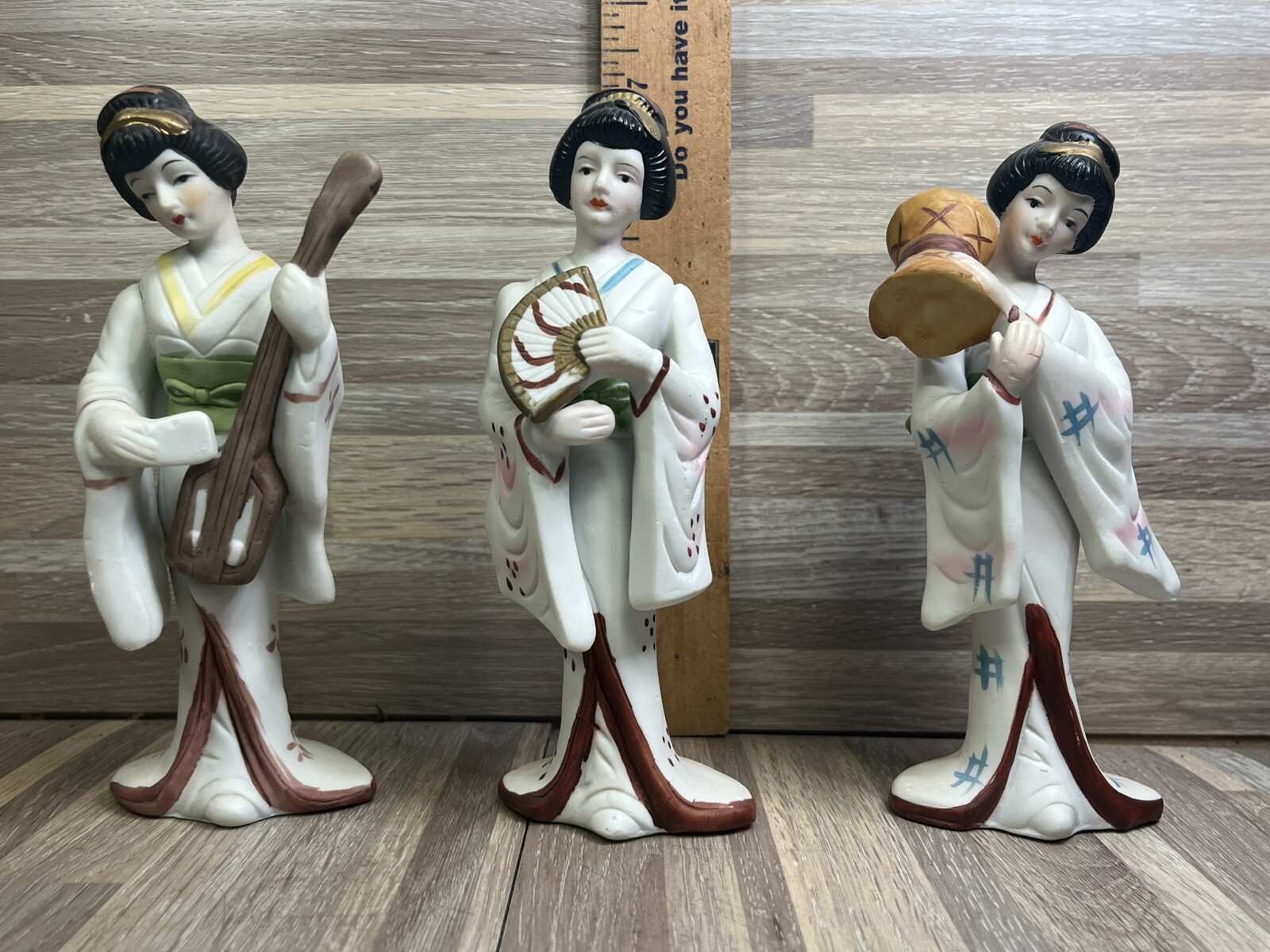LOT OF 3 VTG Porcelain Bisque Painted Asian Ladys Playing Instruments Giesha’s