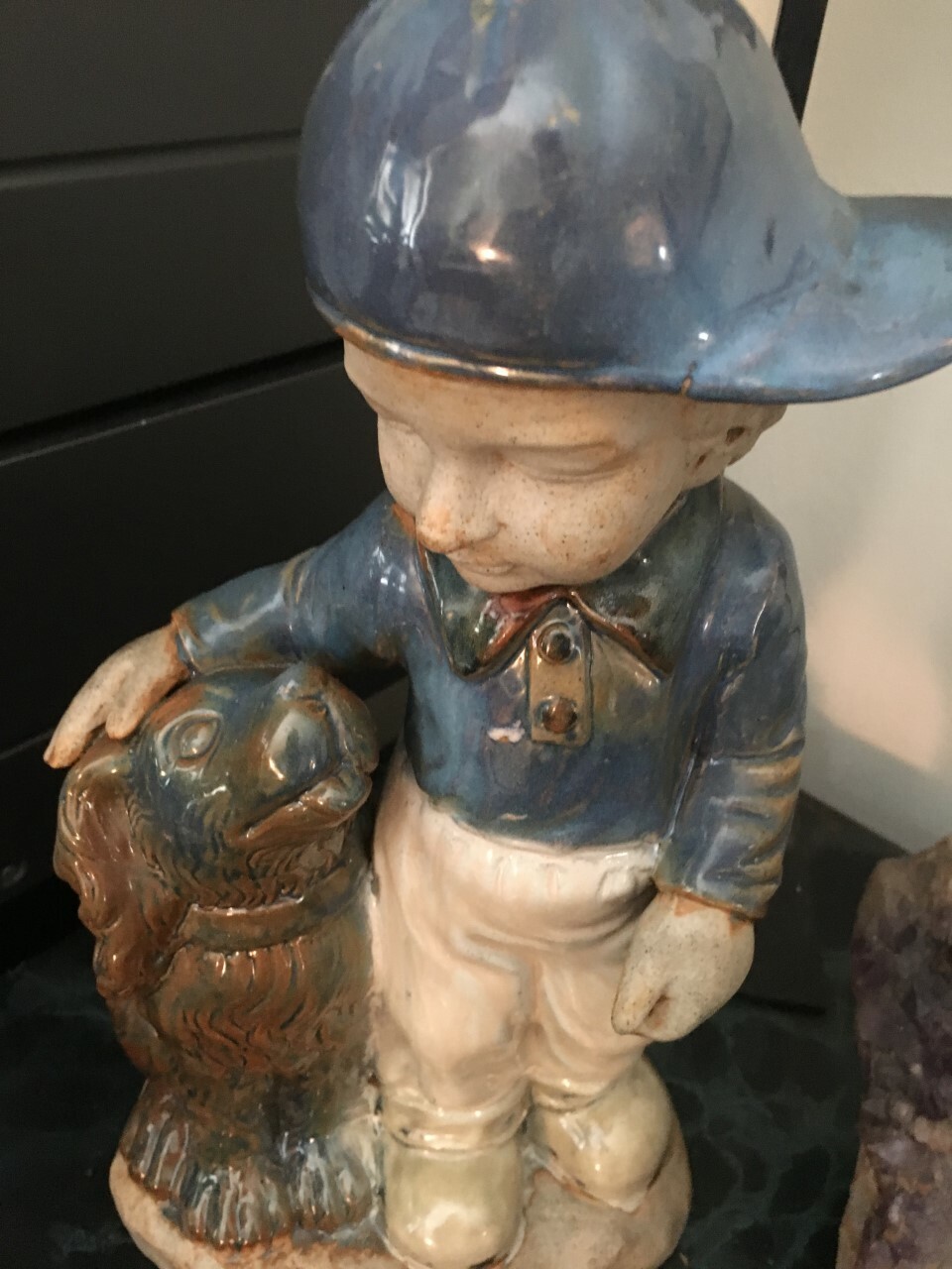 Exciting Porcelain “Boy and Dog” biscuit faced 15″ high Sculpture unidentifiable