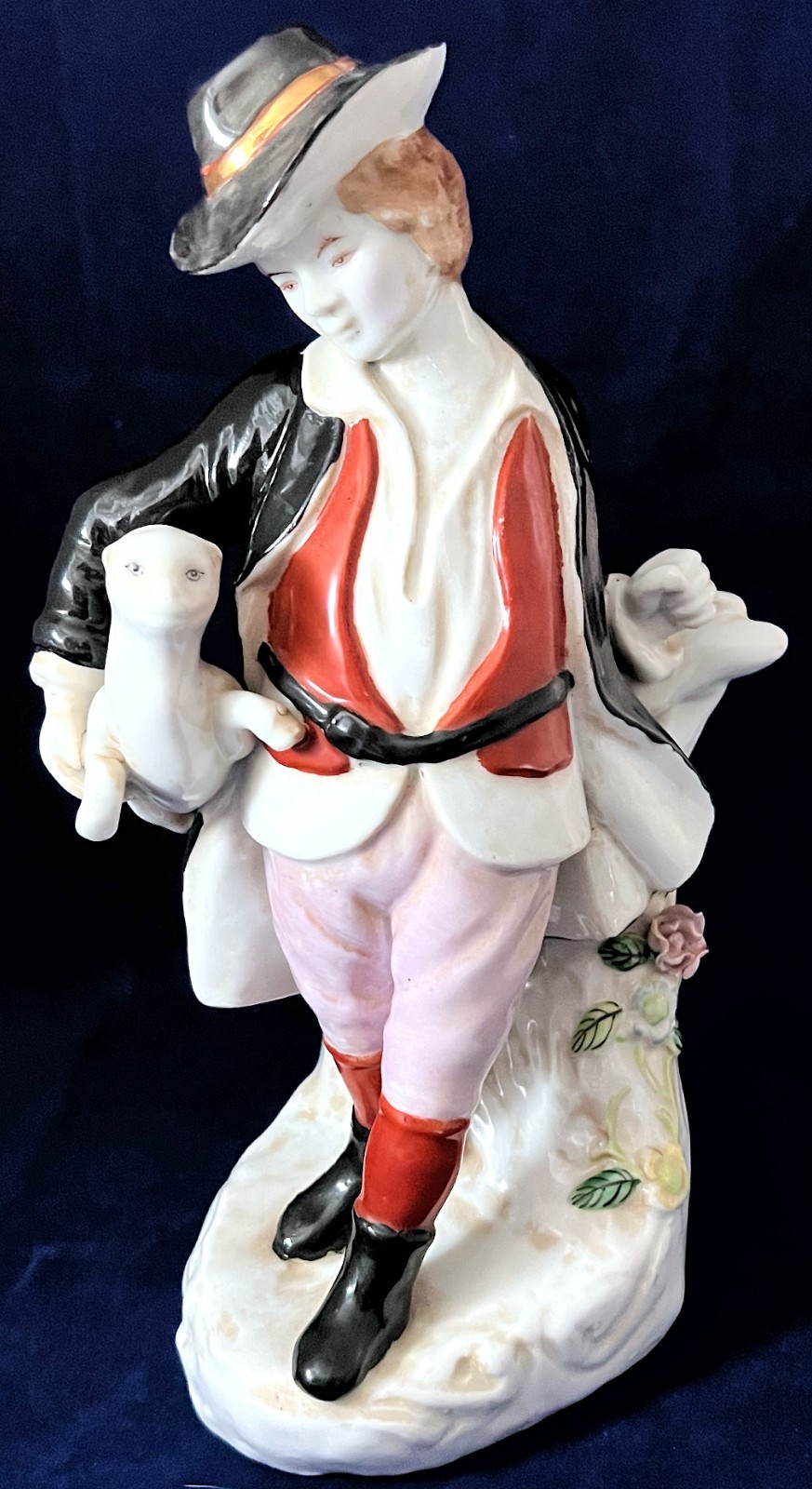 Figurine Enamel Porcelain Boy & Dog, 10.5” Tall, Vintage Early-Mid 20th Century