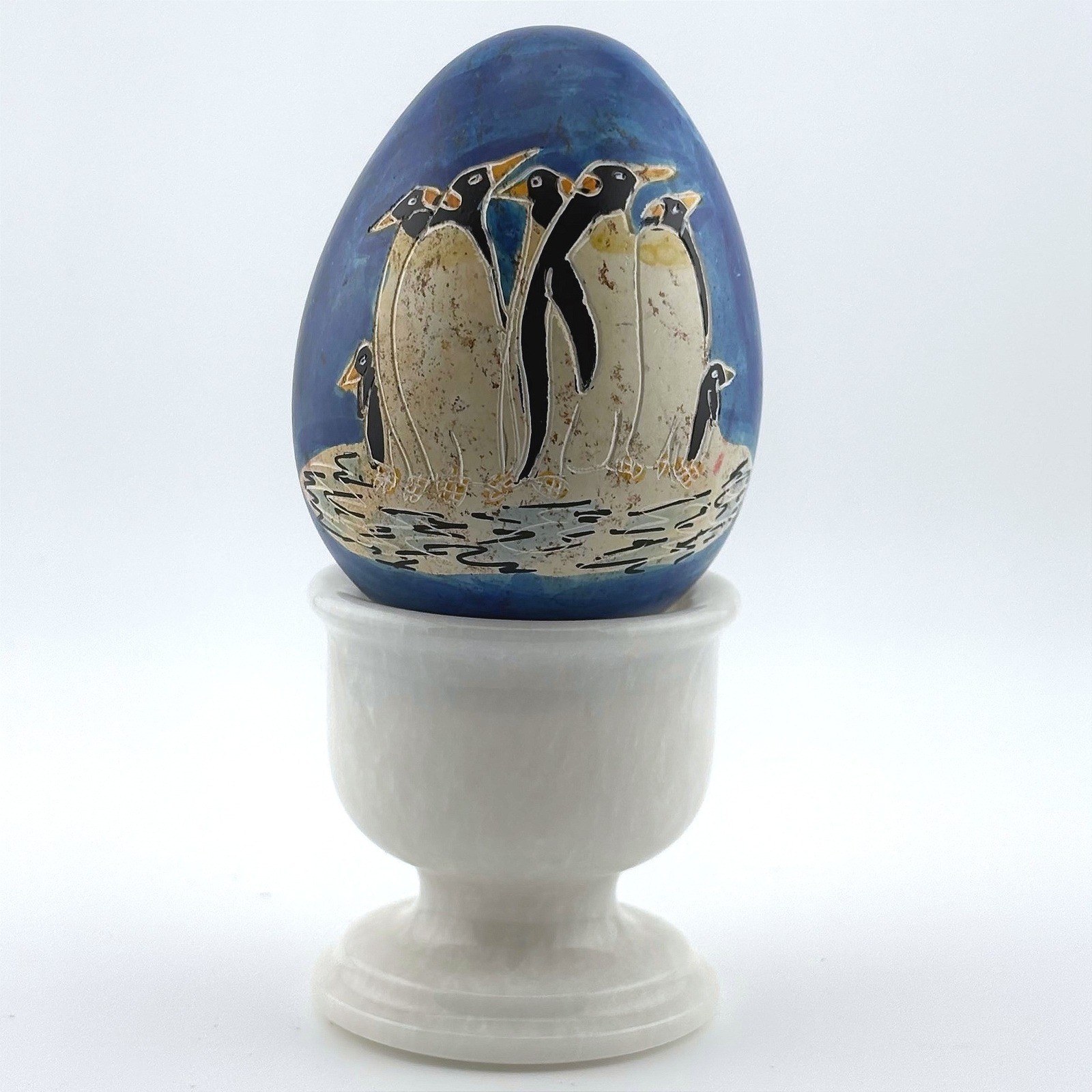 Hand Carved Kenyan Soapstone Penguin Egg Figurine with White Pedestal Stand