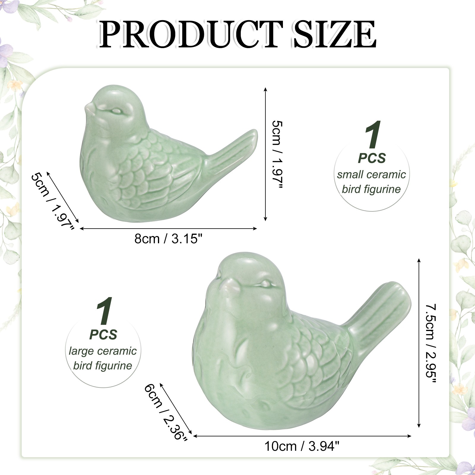2Pcs Ceramic Birds Figurines, 3.9 Inch and 3.2 Inch Bird Figurine Statue, Green