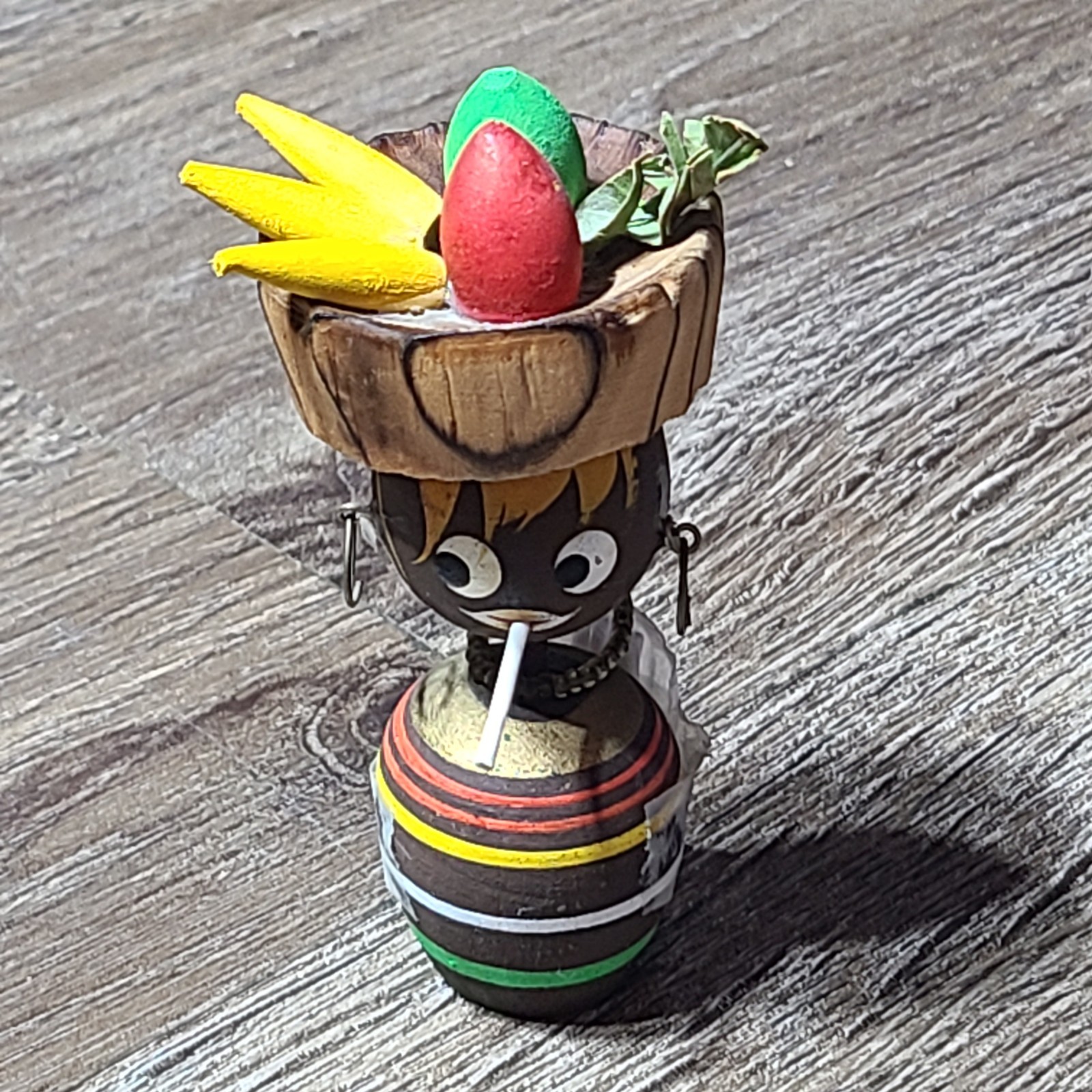 Vintage Wooden Lady w/ Tropical Fruit Bowl Basket Hand Painted Novelty Souvenir