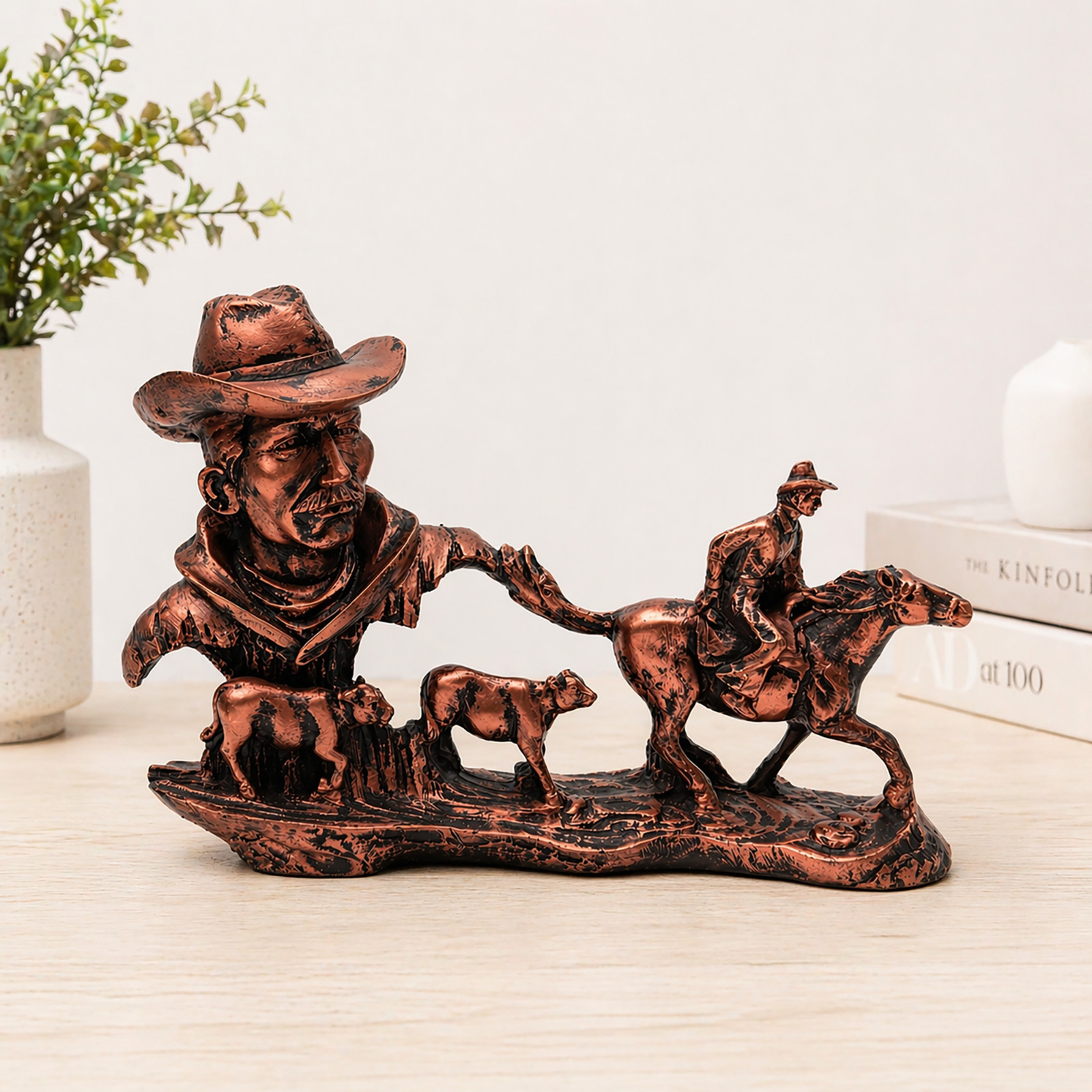 Western Cowboy Statue Horse Rider Cattle Ranch Resin Figurine Rustic Decor