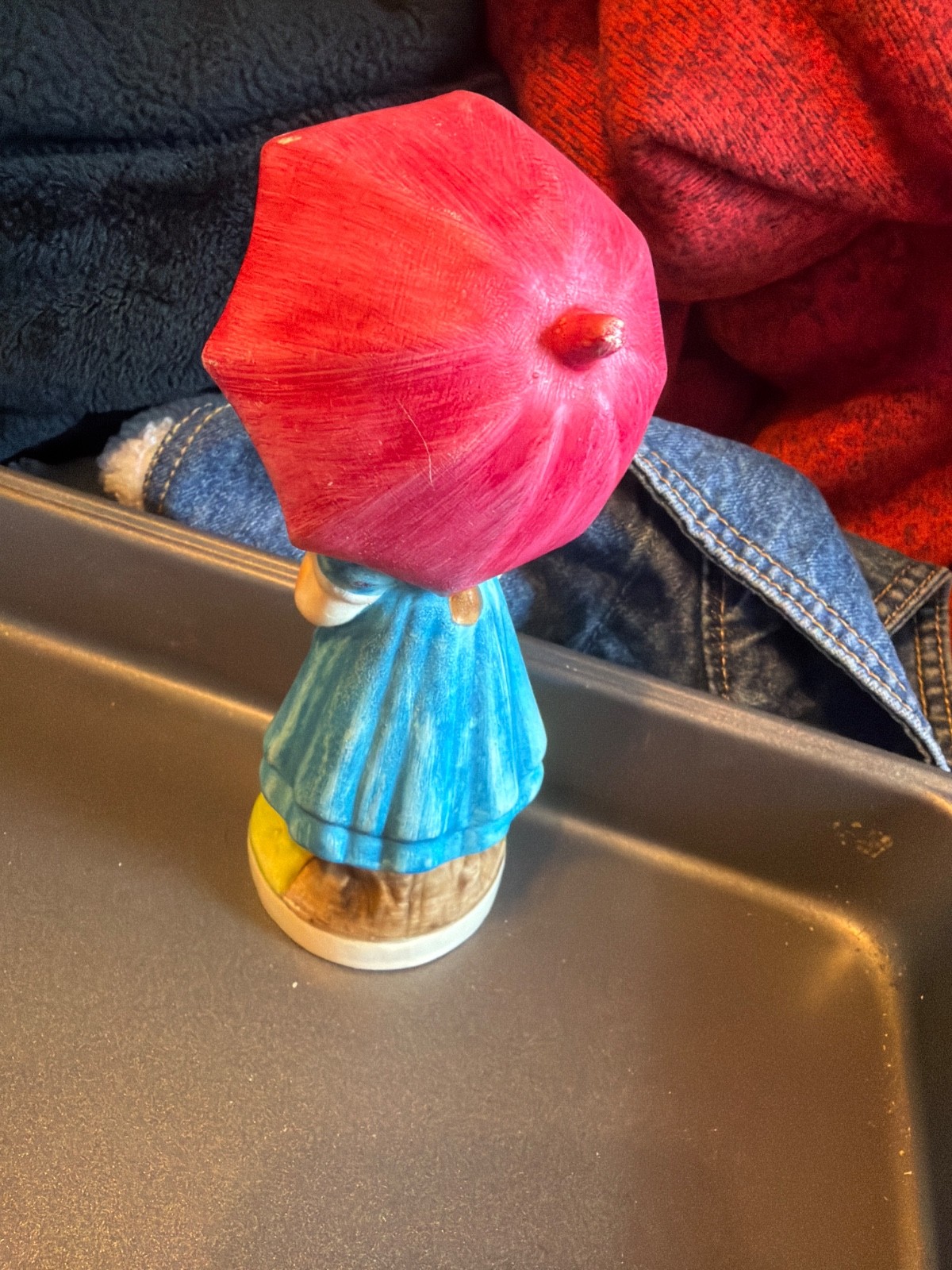 Portugal Figurine – Girl With Umbrella 5.5” Tall • Blue Dress • Red Umbrella