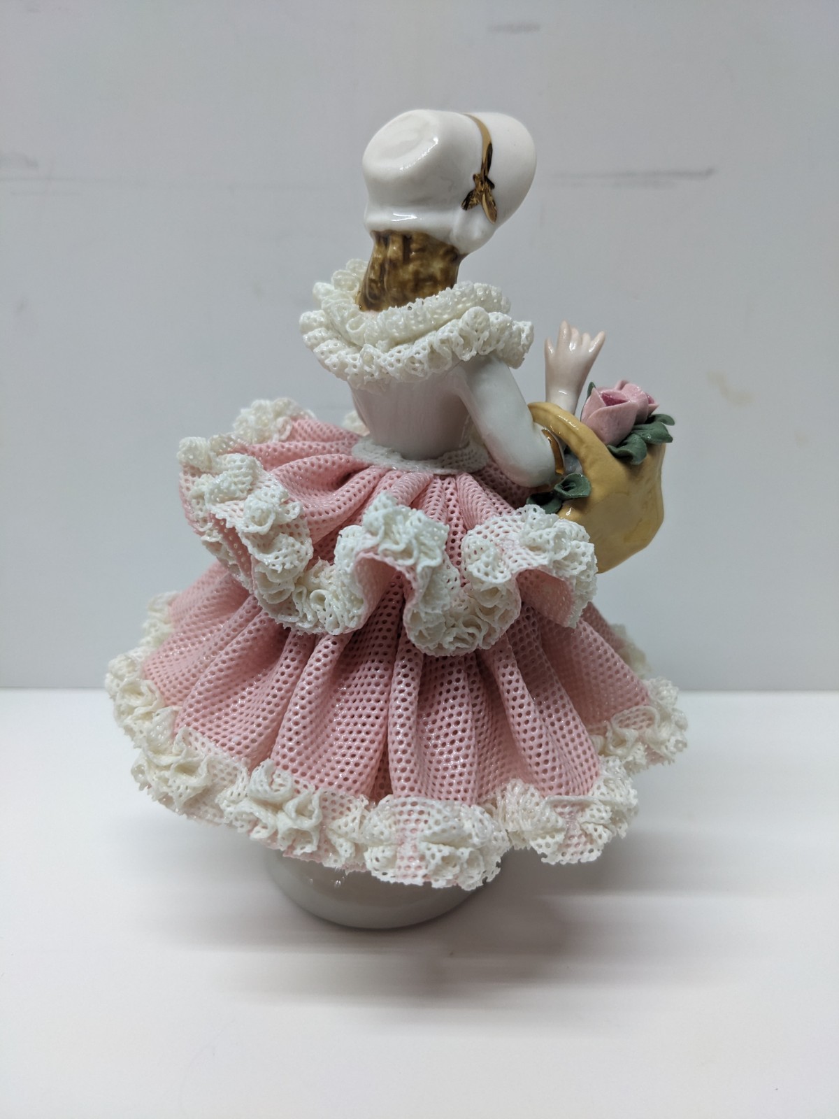 VTG Dresden Style Porcelain Lace Lady Figurine Pink Dress w/ Flower Basket