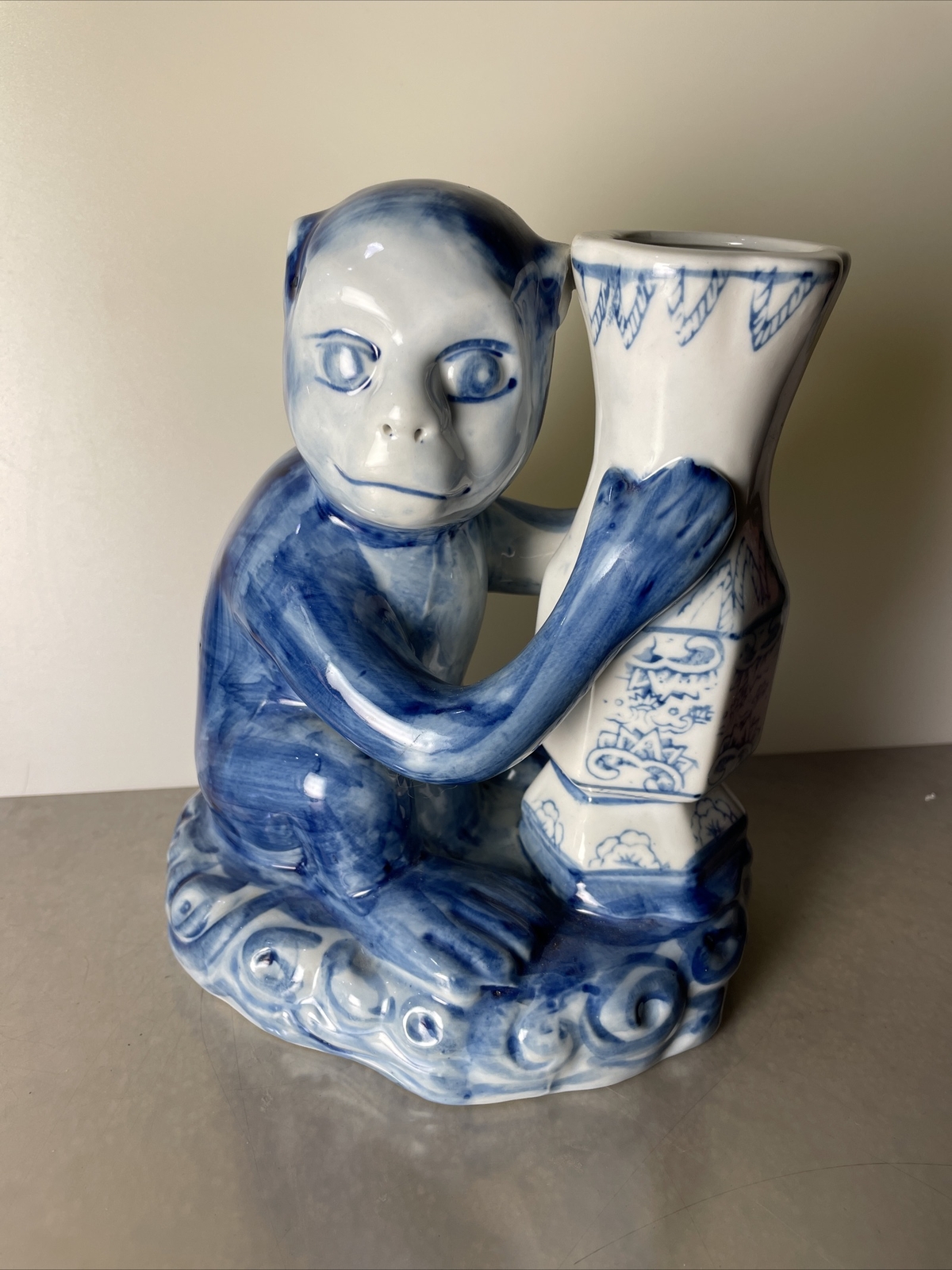 Rare Blue White Monkey Figurine Vase Chinoiserie Ceramic Vintage sculpture
