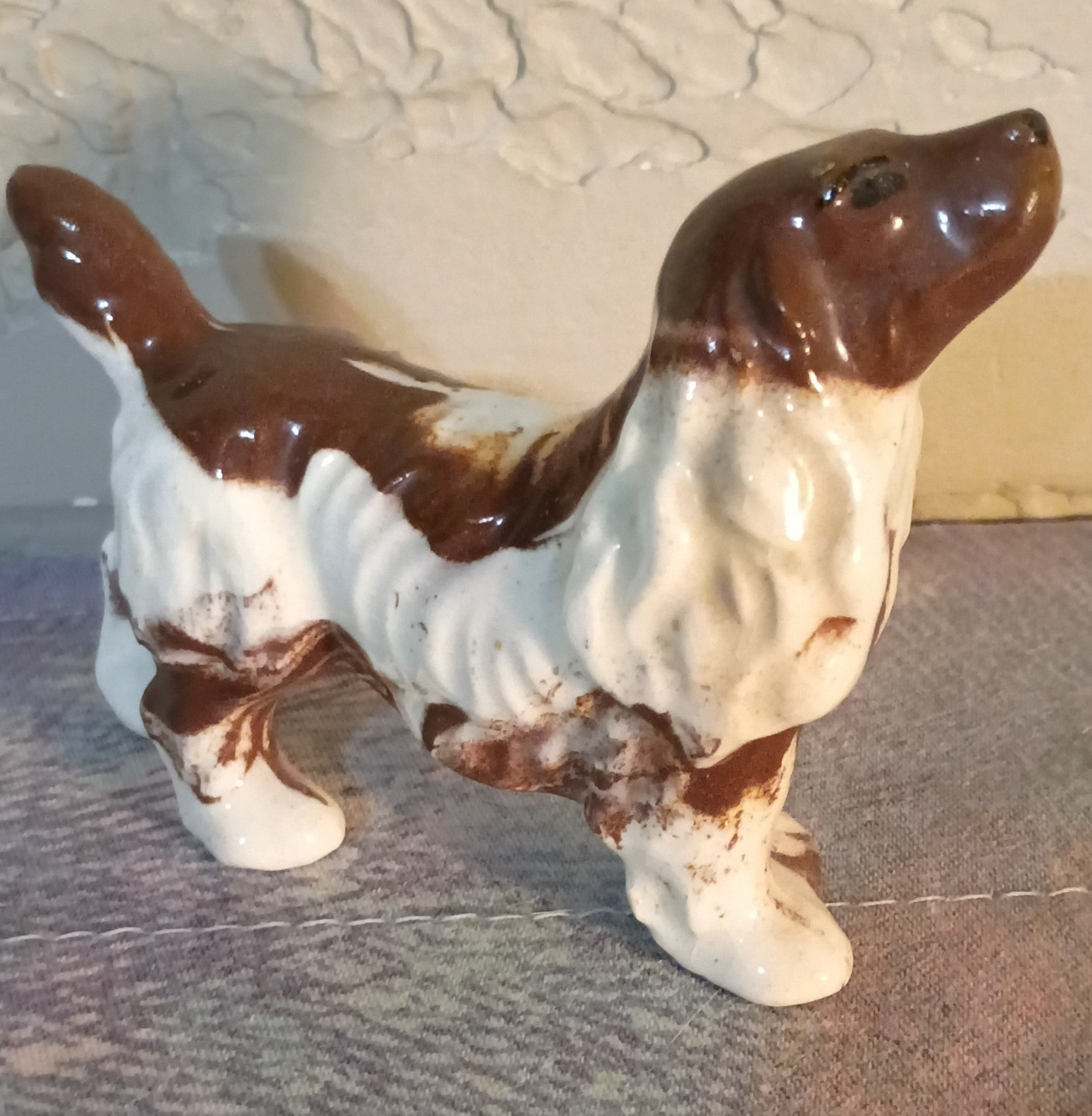 Brown & White Ceramic Dog Figurine 3D Effect Glossy Finish Animal Print