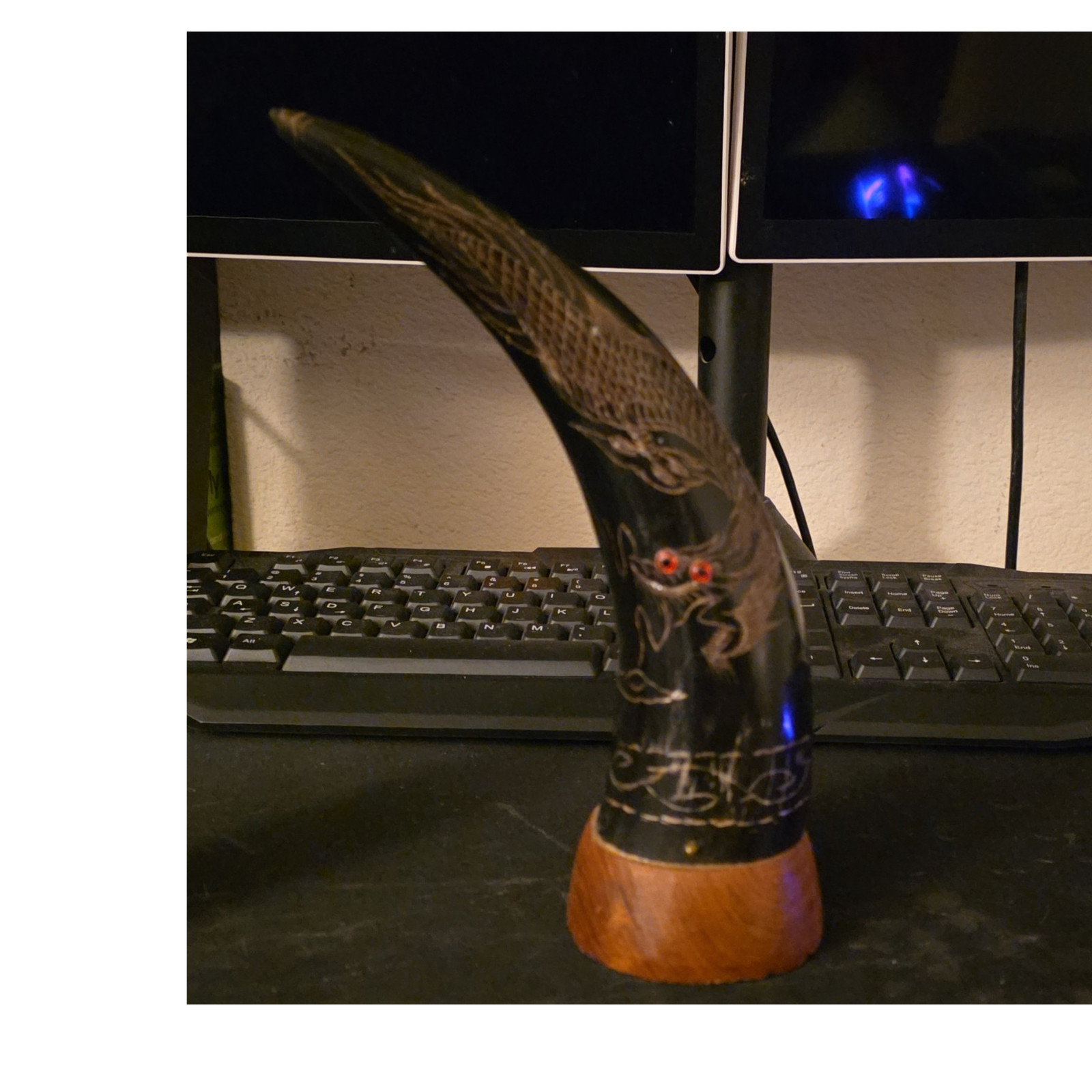 Hand Carved Dragon Horn Sculpture with Wooden Base Asian Style