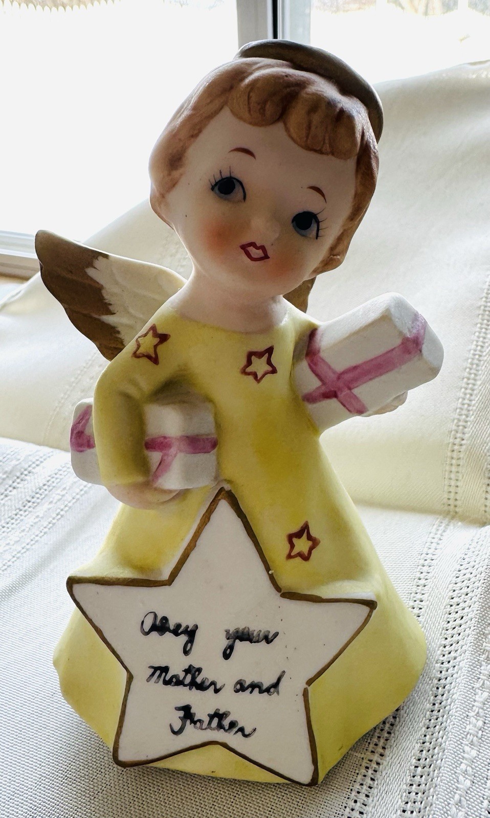 Vintage Ten Commandments Angel Figurine Obey Father Mother Yellow