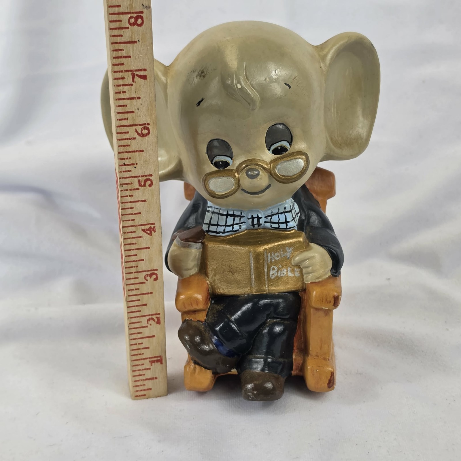 Vintage Ceramic Mouse Figurine Reading Holy Bible In Chair 8in