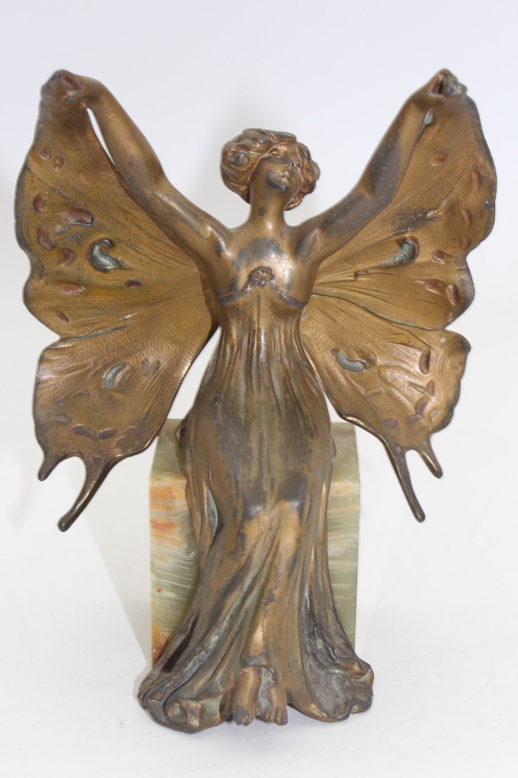 Buttefly Girl / Fairy Art Nouveau Bronzed Statue, Marbled Green Stone Base