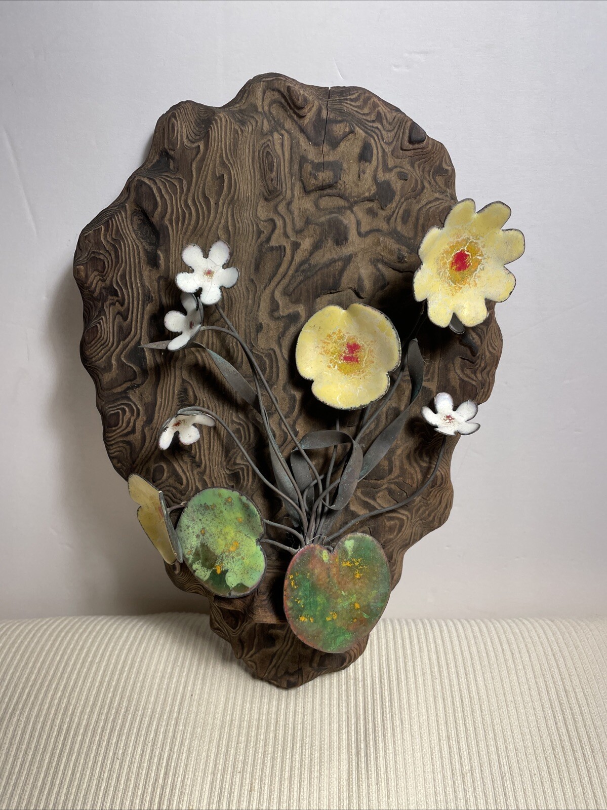 Vintage Mid Century Wood Wall Sculpture Enamel Copper Creations Lee Murrell RARE