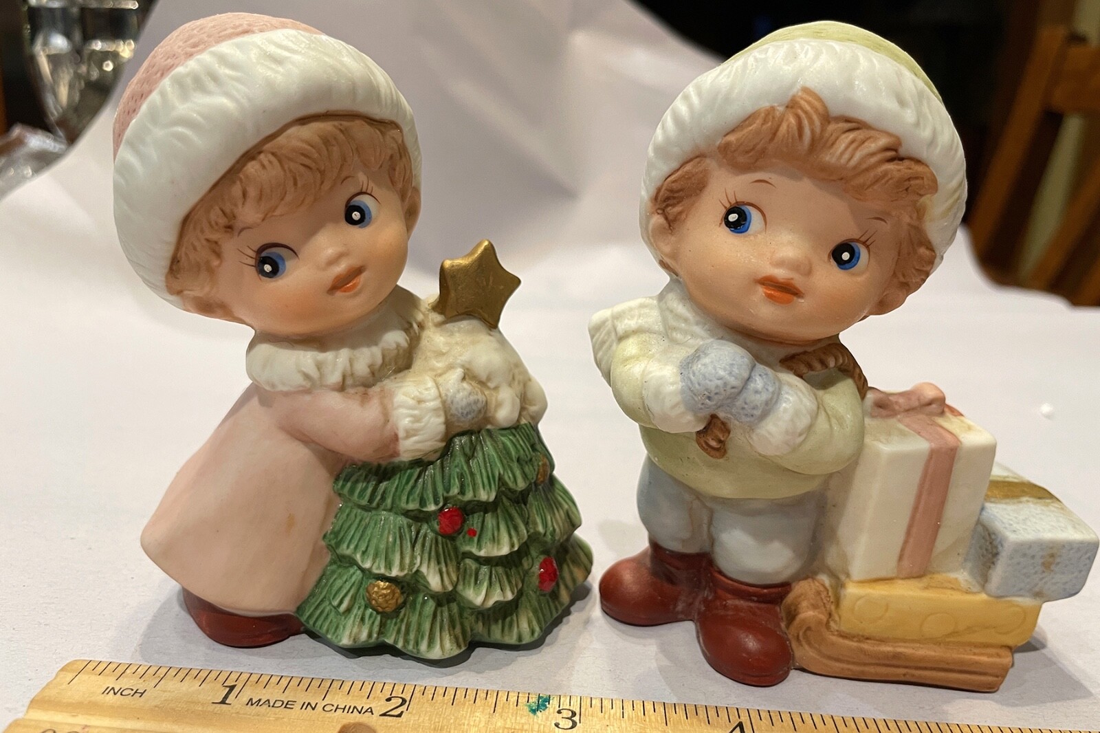HOMCO 5556 Christmas Girl With Tree & Boy with Sled Figurines W Orig Styrofoam