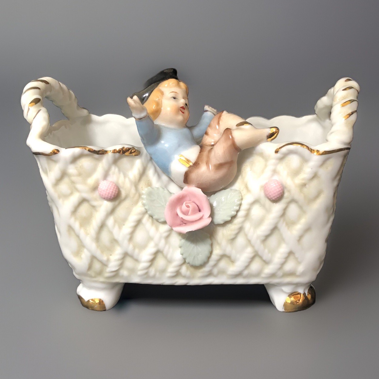 VTG Porcelain Basket With Boy Figure And Flowers Gold Trim Hand Painted Unmarked