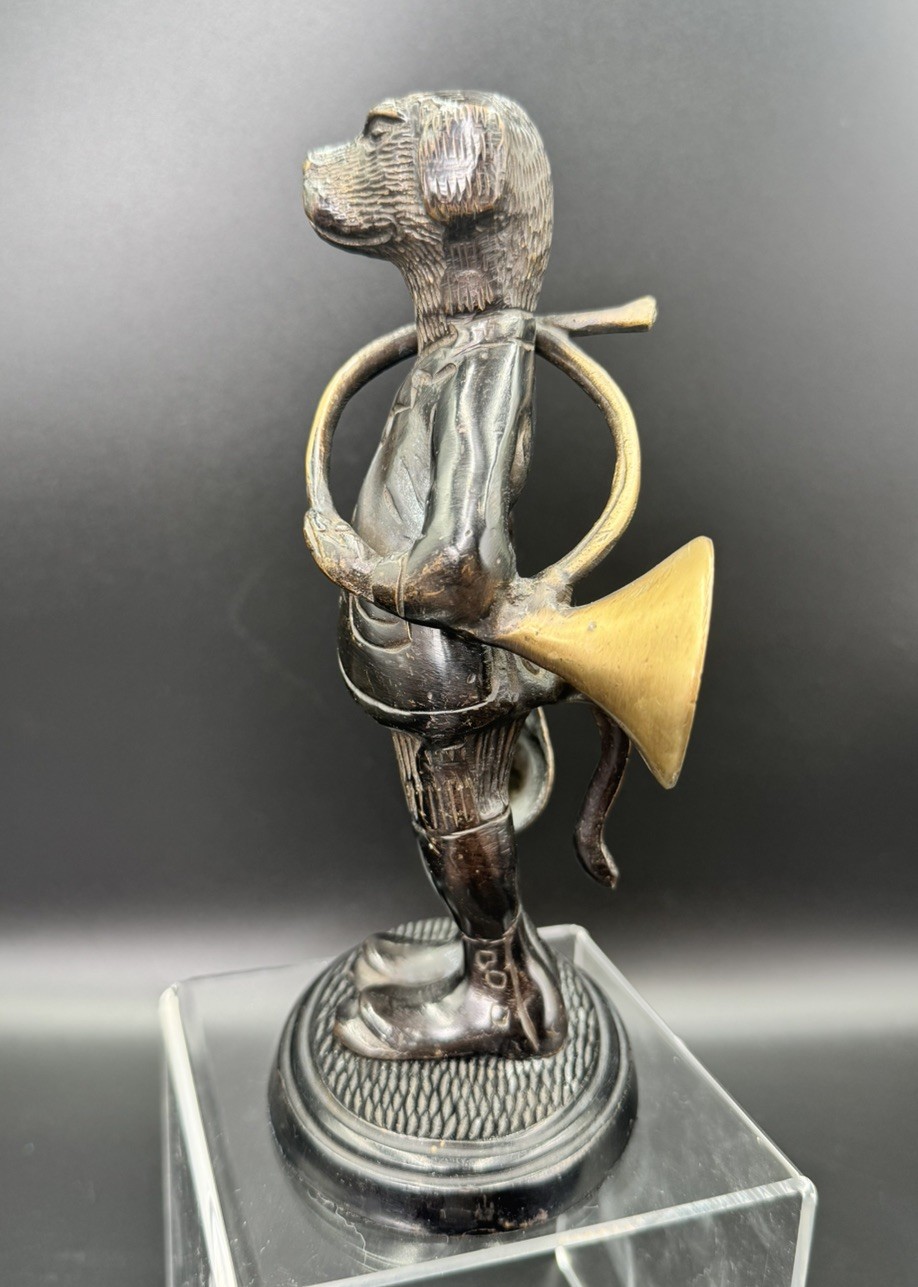Anthropomorphic Bronze Hunting Dog Huntsman Sculpture with Cap and Horn Vintage