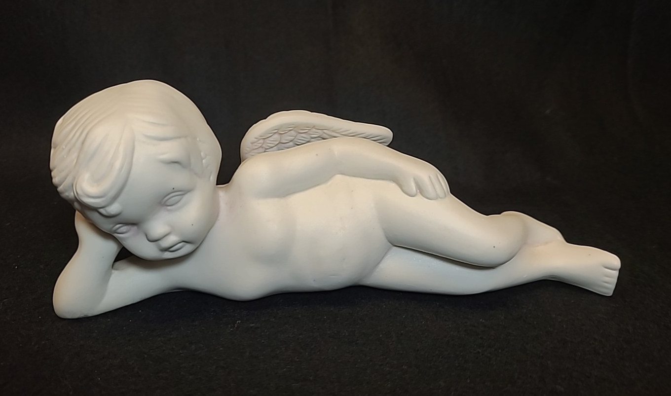 Bisque Ceramic 9″ Lounging Cherub, Philippines w/ Decal, Supervising Angel