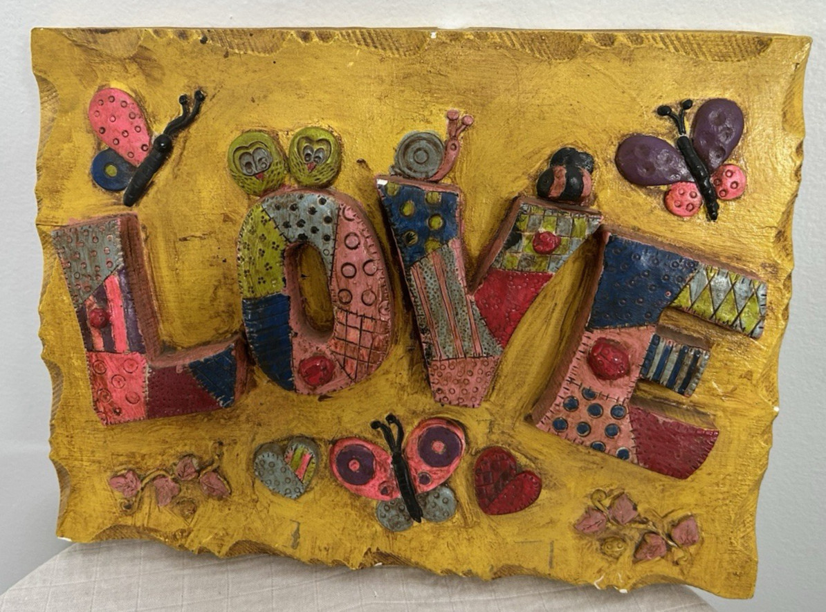 Vtg 1973 Chalkware LOVE Wall Plaque Butterfly Snail Yellow Boho Decor Signed MCM