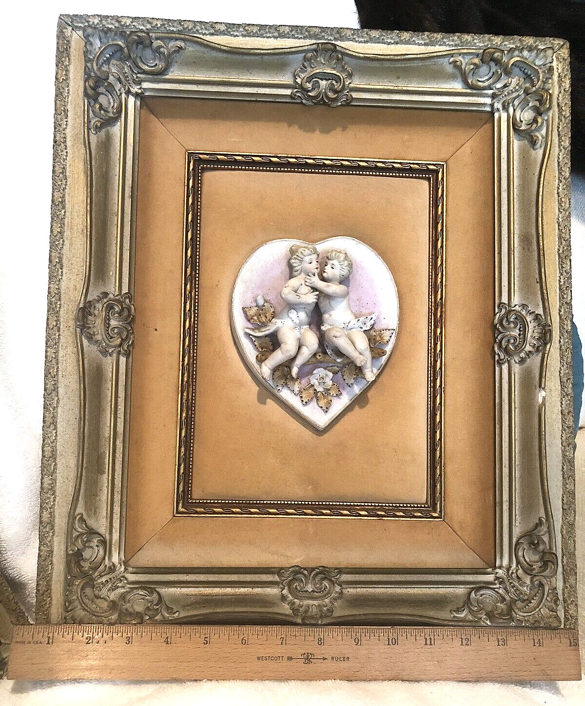 VTG Porcelain Bisque Heart Sculpture Wall Hanging on Velvet (2) Angels Framed 3D