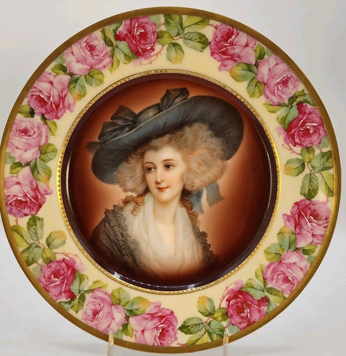 Antique Royal Munich Hand Painted Woman Portrait Plate w/Roses Barvaria 10″
