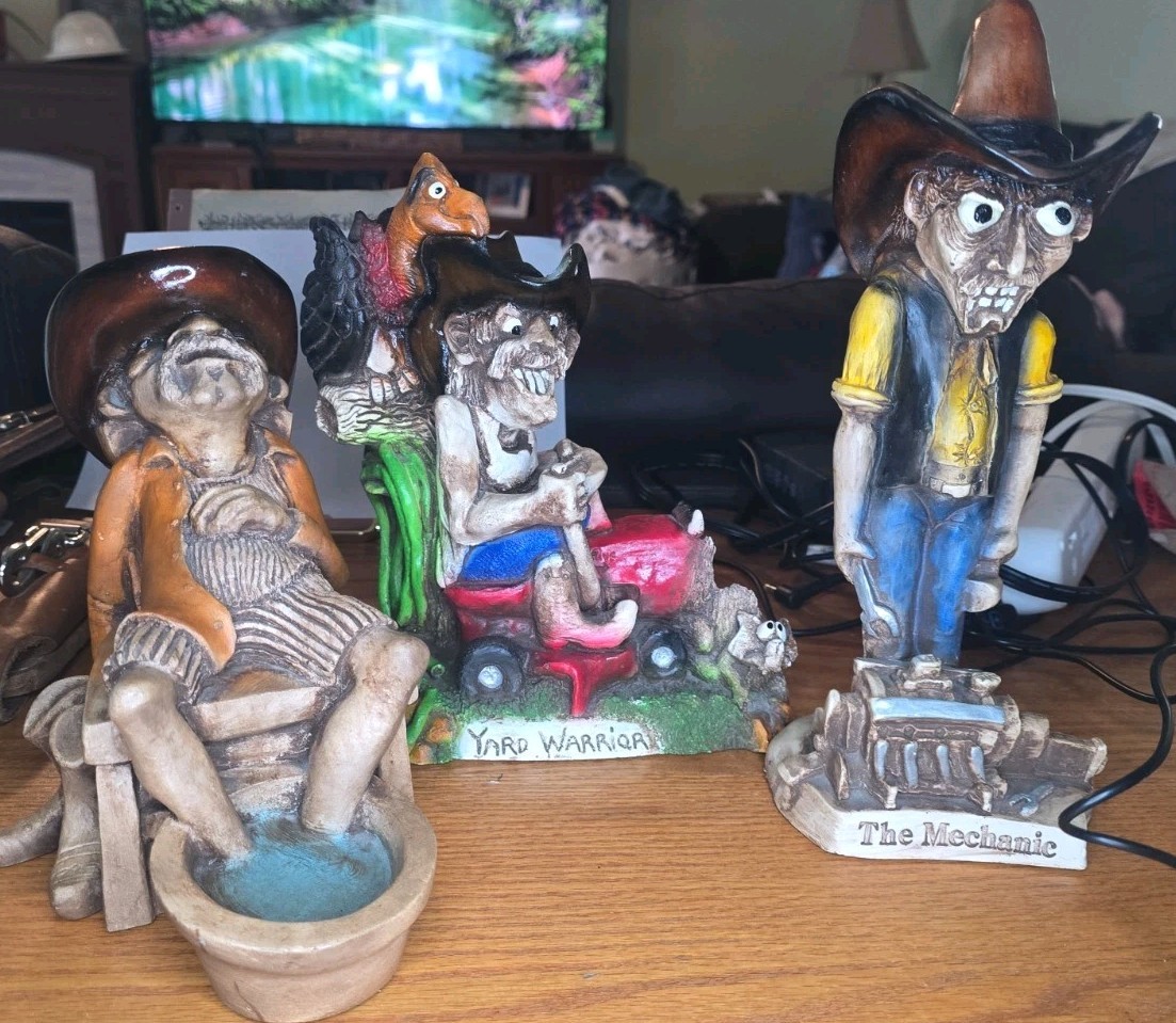 Vintage Shade Tree Creations Figurines Set Of 3 Mechanic Yard Warrior Foot Soak