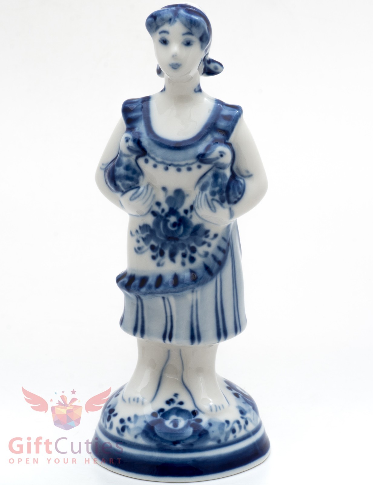 Gzhel Russian Handpainted Porcelain Folk Figurine peasant woman with birds