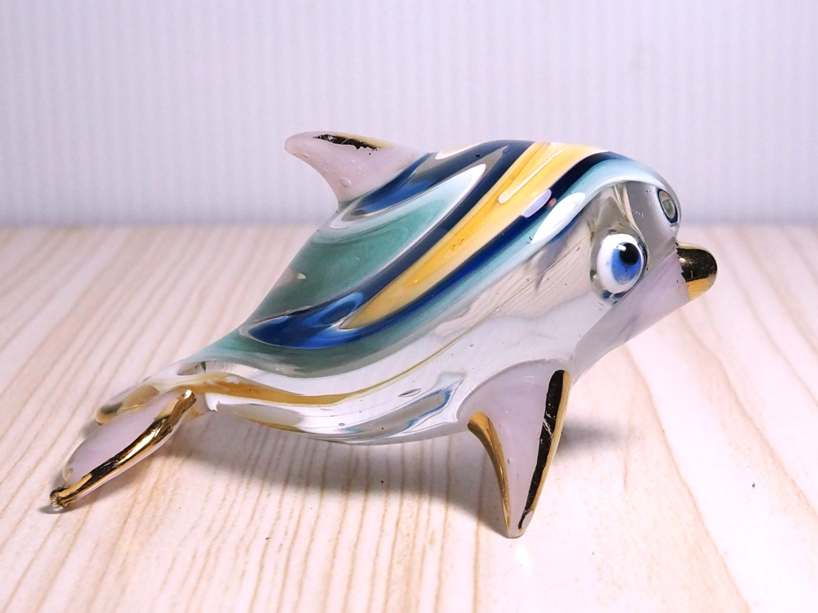 Pink Dolphin figurine handmade blown art glass gold trim 3.5 inches Gift decor