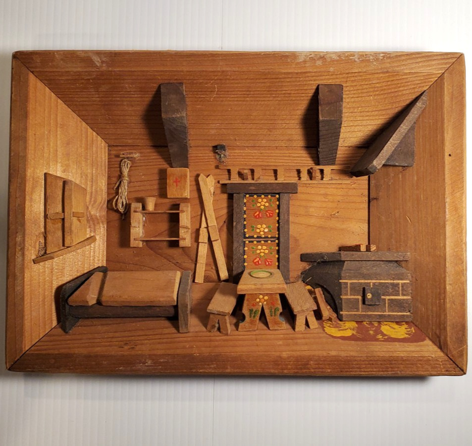 Vintage East Germany GDR Handmade Cabin Room Box Wood Wooden Diorama Shadowbox