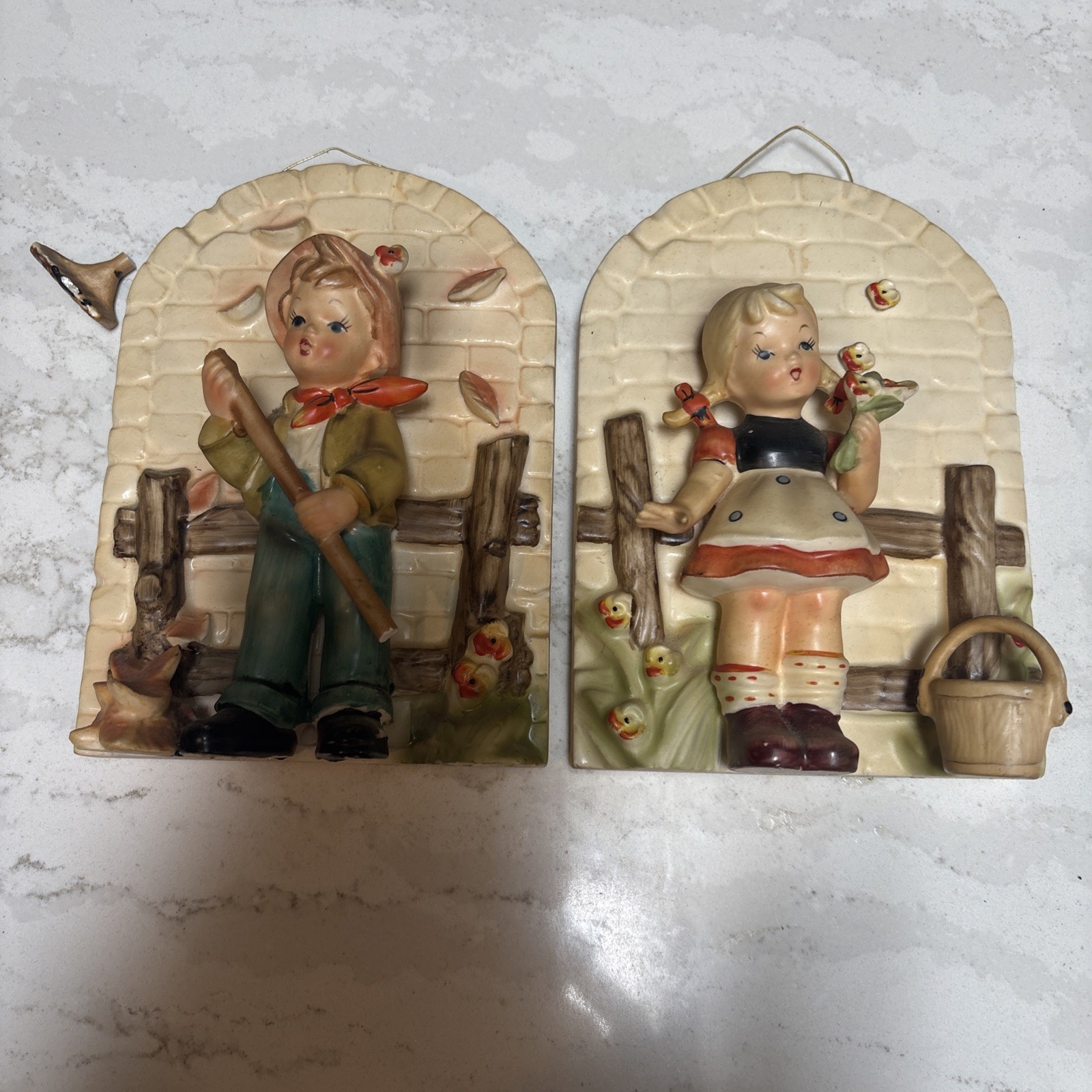 Vintage Erich Stauffer Wall Plaques Boy Girl Ceramic Hanging Set Rake Needs Fix
