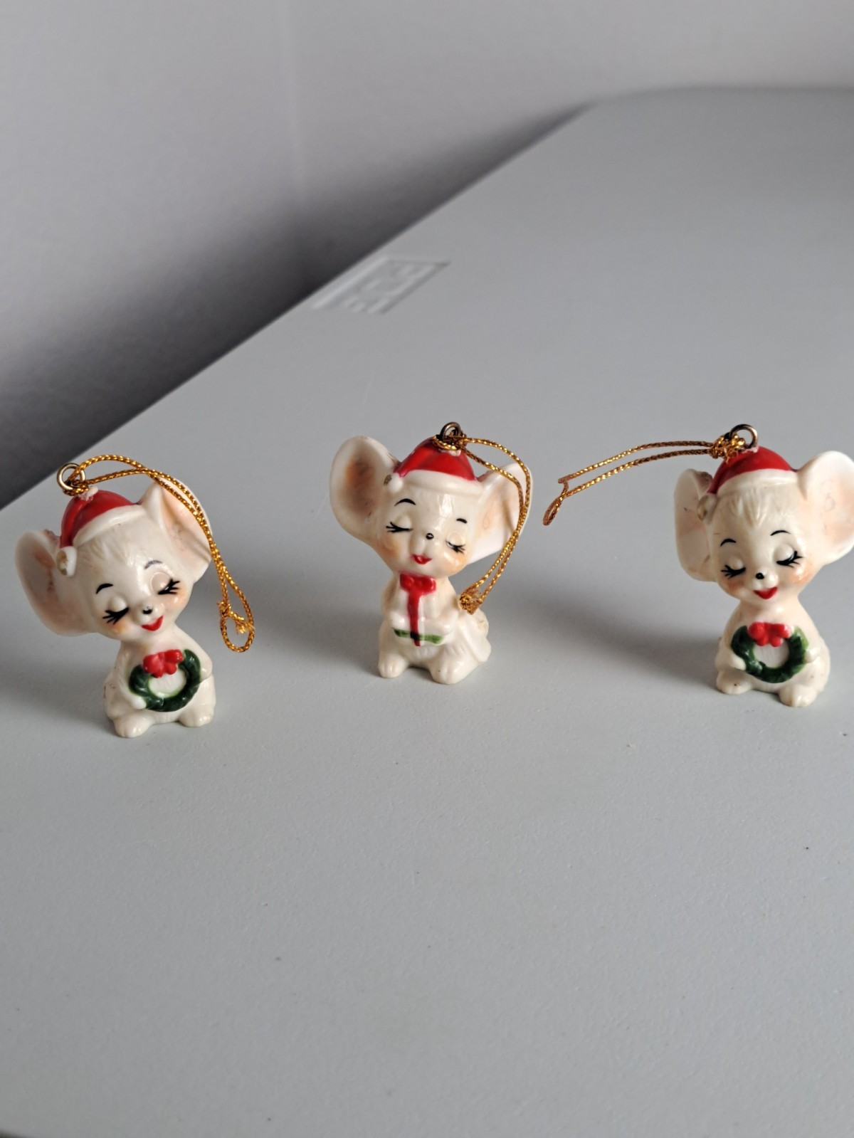 Vintage 1950’s NAPCO Ware Hard Plastic Miniature Santa Mice Lot of 3 Ornaments