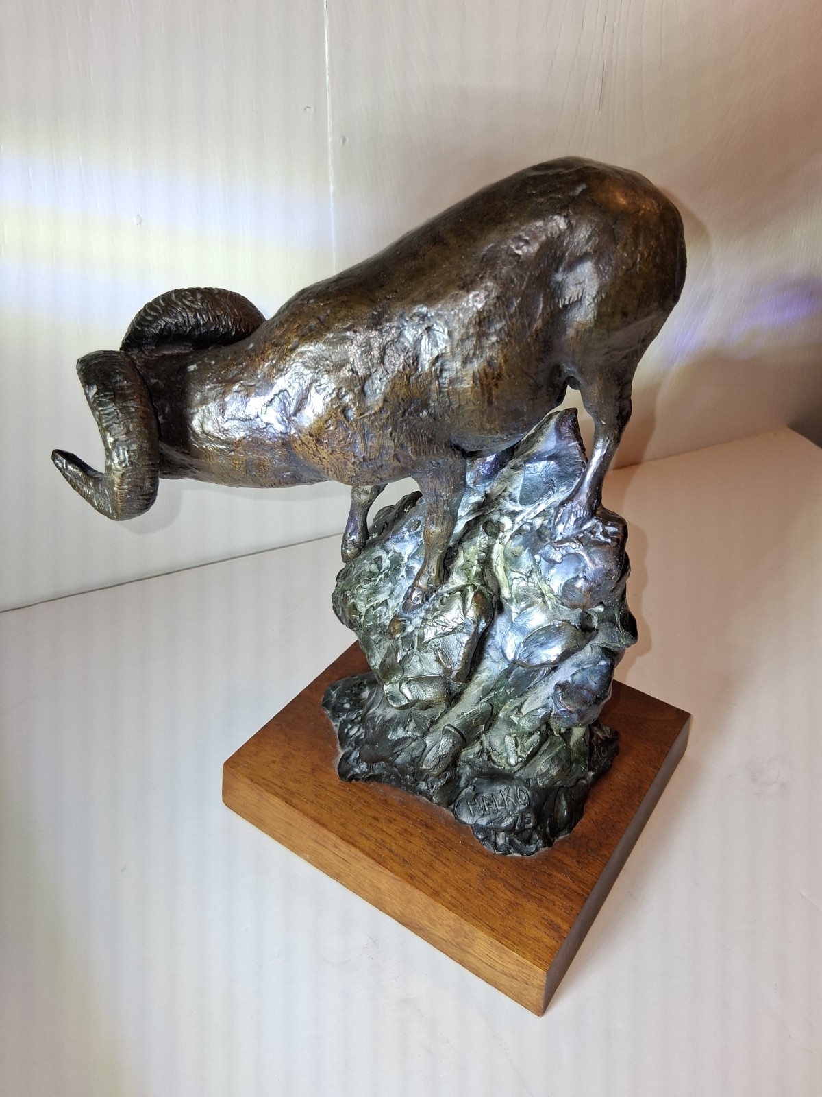 Halko Signed Bronze Ram Sculpture on Wooden Base 3D Effect Metallic Finish