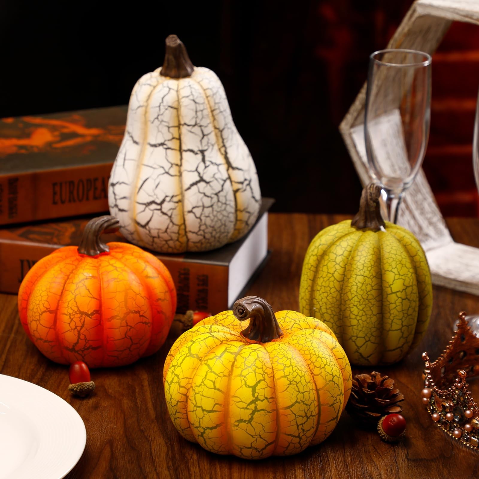 4 PCS Fall Resin Pumpkin Table Decor 6.7 Inch Cracked Halloween Figurine