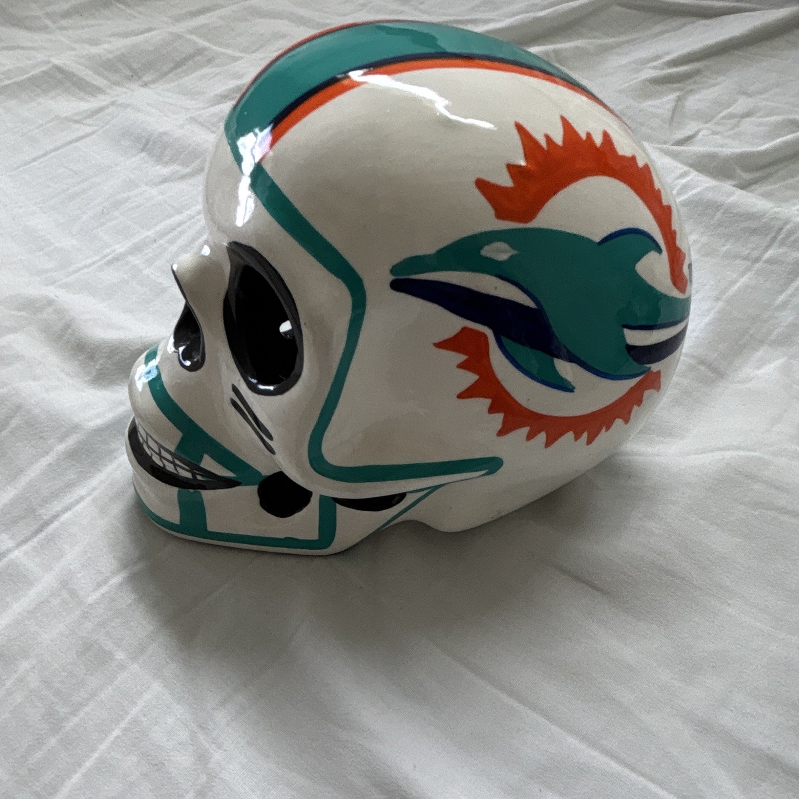 Miami Dolphins Decor Ceramic Sugar Skull Figurine Painted White Teal Orange