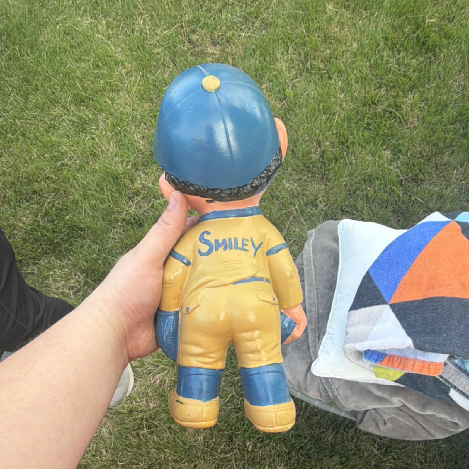 Smiley Baseball Figurine Yellow Blue Sports Collectible Painted