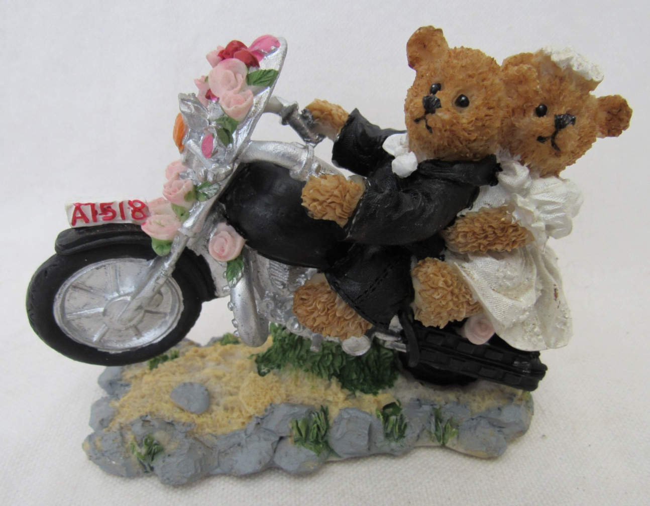 Just Married Bride And Groom Bears On Motorcycle Figurine Or Cake Topper 4″x3.5″